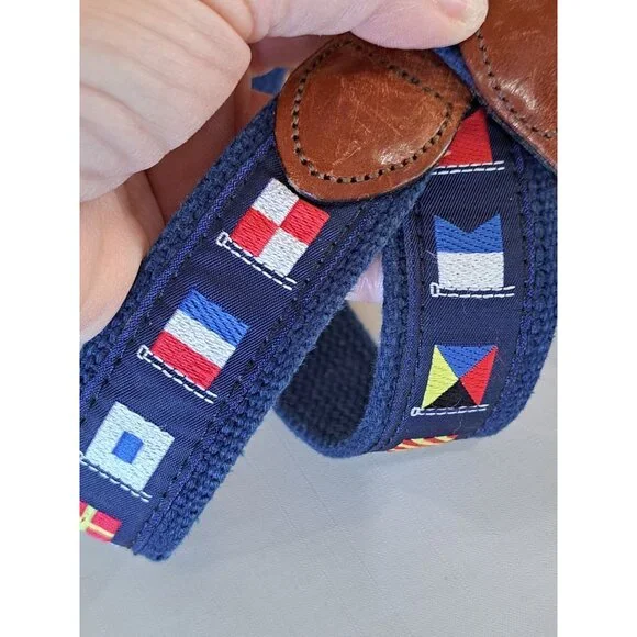 Leather Man Ltd Nautical Flag Belt Leather Trim Brass Buckle CT Mens 40 Maritime - Picture 2 of 13